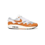 Nike Air Max 1 Patta Waves Monarch dengan grey mesh upper, Swoosh Monarch, mudguard gelombang, dan outsole multicolor.