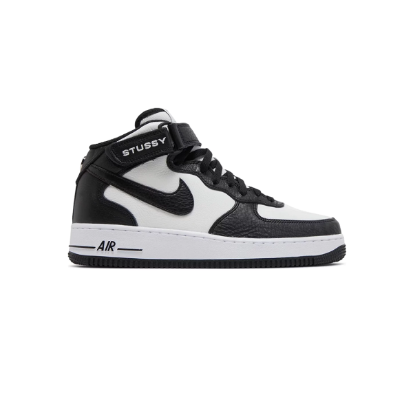 Nike Air Force 1 Mid Stussy Black White dengan kulit hitam, Swoosh kulit ular, dan strap Stussy