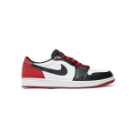 Air Jordan 1 Retro Low Black Toe dengan kombinasi kulit hitam dan putih serta aksen merah pada tumit