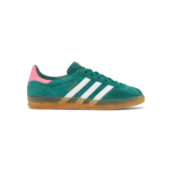 Sneaker adidas Gazelle Indoor 'Collegiate Green Lucid Pink' dengan suede hijau dan pink serta outsole gum