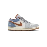 Jordan 1 Low Phantom Denim (Wanita) dengan detail denim biru, leather phantom-gray, dan sentuhan warna merah kecoklatan di Swoosh dan outsole