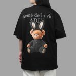 Kaos hitam ADLV Rabbit Bear Doll dengan ilustrasi unik dan bahan katun