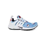 Nike Air Presto x Hello Kitty dengan upper biru bergrafis karakter Sanrio, cage putih, dan outsole hitam—sneaker kolaborasi imut dan stylish