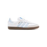 Adidas Samba OG "White Clear Sky Blue Gum" dengan siluet low-profile, outsole gum, dan tiga garis serrated klasik dalam warna baru