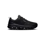 ON Cloudrock Low Waterproof All Black, sepatu hiking dengan outsole Missiongrip™, Helion™ superfoam, dan X-shaped Speedboard® untuk kenyamanan, perlindungan, dan stabilitas di segala medan