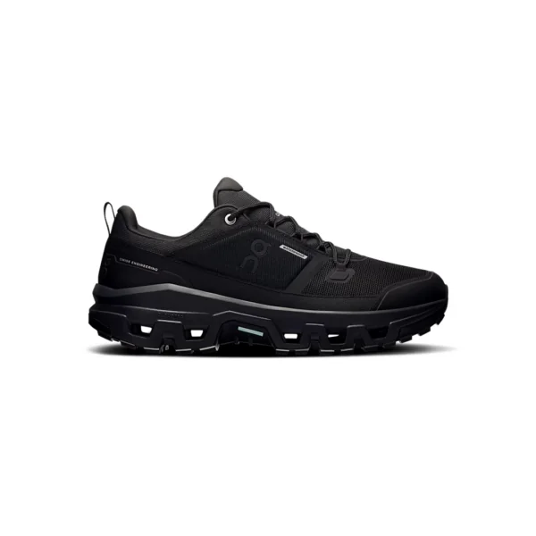 ON Cloudrock Low Waterproof All Black, sepatu hiking dengan outsole Missiongrip™, Helion™ superfoam, dan X-shaped Speedboard® untuk kenyamanan, perlindungan, dan stabilitas di segala medan