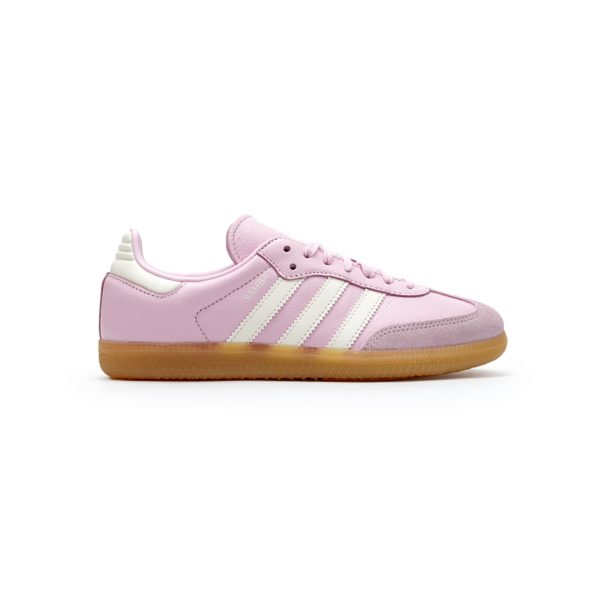 Adidas Samba OG Light Pink White GS, sepatu kasual dengan suede dan kulit, aksen 3-Stripes putih, dan sol karet yang nyaman