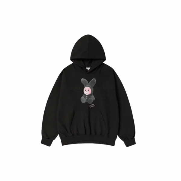 ADLV Rabbit Bally Black Hoodie dengan grafis kelinci playful di bagian depan, desain oversized dan bahan tebal yang nyaman dipakai harian